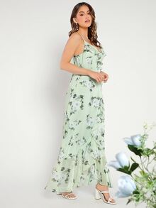 SHEIN Belle 1入組印花荷葉邊荷葉邊吊帶裙伴娘禮服 - 薄荷綠 - 查看 6