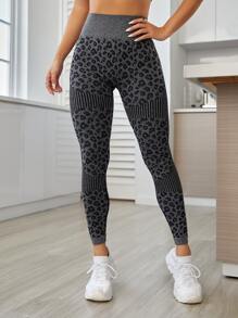 Easithlete 無縫豹紋印花寬腰帶運動打底褲 - 深灰色 - 查看 4