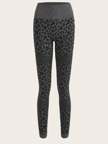 Easithlete 無縫豹紋印花寬腰帶運動打底褲 - 深灰色 - 查看 9