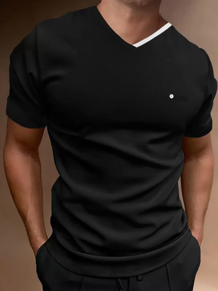 Manfinity Homme Hombres Camiseta ribete en contraste de cuello V - Negro - Ver 1