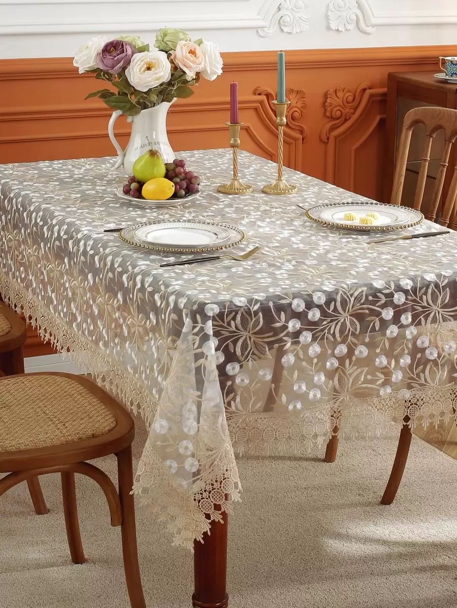 1 pieza Mantel rectangular/cuadrado bordado 100% poliéster, decoración del hogar, decoración de fiesta, serie de bodas - Multicolor - Ver 1