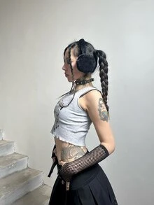 ROMWE Anime Cartoon Bear Lettuce Trim Tank Top - Grey - View 3