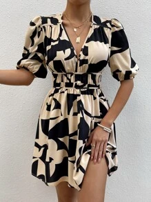 SHEIN Privé 幾何印花泡泡袖連衣裙