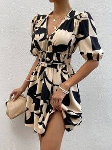 SHEIN Privé 幾何印花泡泡袖連衣裙