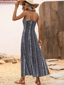 Breezaya Đầm Tách cao Hình học Giải trí - Xanh và trắng - Xem 2