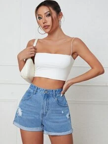 Ripped Roll Up Hem Denim Shorts - Light Wash - View 3