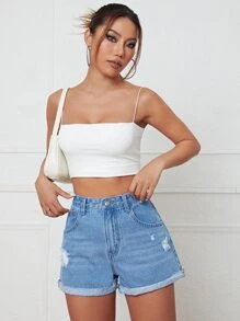 Ripped Roll Up Hem Denim Shorts - Light Wash - View 4