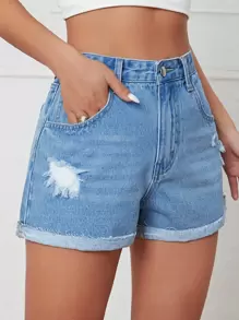 Ripped Roll Up Hem Denim Shorts - Light Wash - View 1