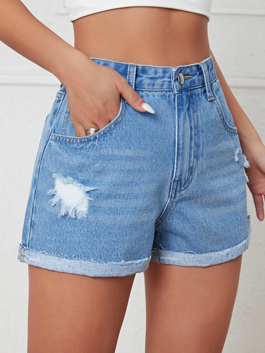 Ripped Roll Up Hem Denim Shorts - Light Wash - View 1