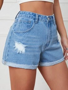 Ripped Roll Up Hem Denim Shorts - Light Wash - View 6