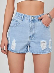 Ripped Slant Pocket Denim Shorts