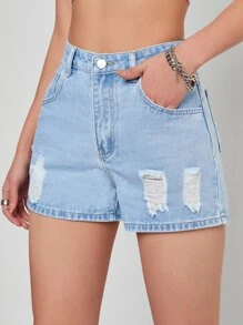 Ripped Slant Pocket Denim Shorts