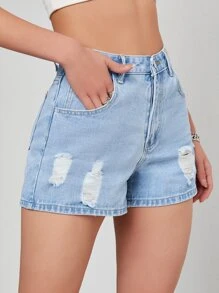Ripped Slant Pocket Denim Shorts