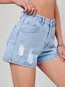 Ripped Slant Pocket Denim Shorts