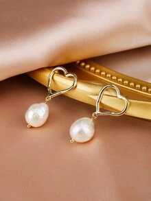 Heart & Faux Pearl Drop Earrings - Multicolor - View 1