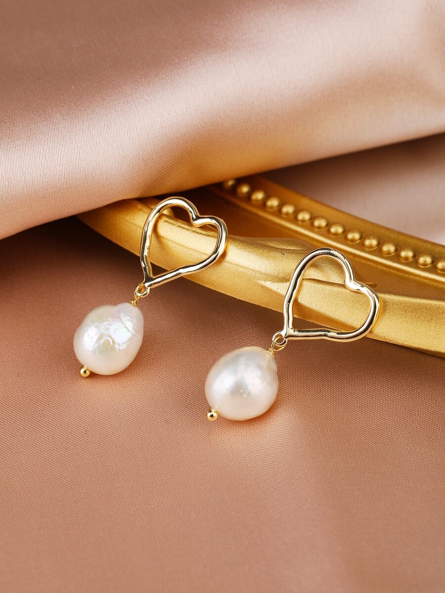 Heart & Faux Pearl Drop Earrings - Multicolor - View 1