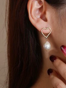 Heart & Faux Pearl Drop Earrings - Multicolor - View 4