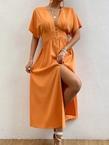 Chiquease Đầm Nút phía trước màu trơn Giải trí - trái cam - Xem 3