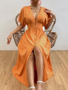 Chiquease Đầm Nút phía trước màu trơn Giải trí - trái cam - Xem 5