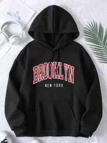 INAWLY Plus Letter Graphic Pocket Drawstring Thermal Hoodie, For Winter Fall Cloth For Women Autumn - Black - View 1