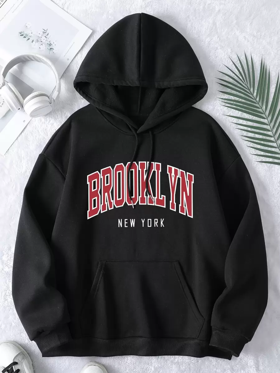 INAWLY Plus Letter Graphic Pocket Drawstring Thermal Hoodie, For Winter Fall Cloth For Women Autumn - Black - View 1