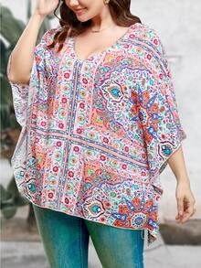 Mulvari Plus Scarf Print Batwing Sleeve Blouse - Multicolor - View 4