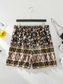 SHEIN Holidaya Plus Floral Print Paperbag Waist Shorts - Multicolor - View 2