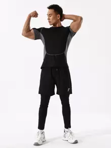 Manfinity Fitness Men Contrast Panel Top-Stitching Raglan Sleeve Sports Tee Workout Tops - Black - View 3