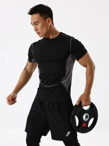 Manfinity Fitness Men Contrast Panel Top-Stitching Raglan Sleeve Sports Tee Workout Tops - Black - View 4