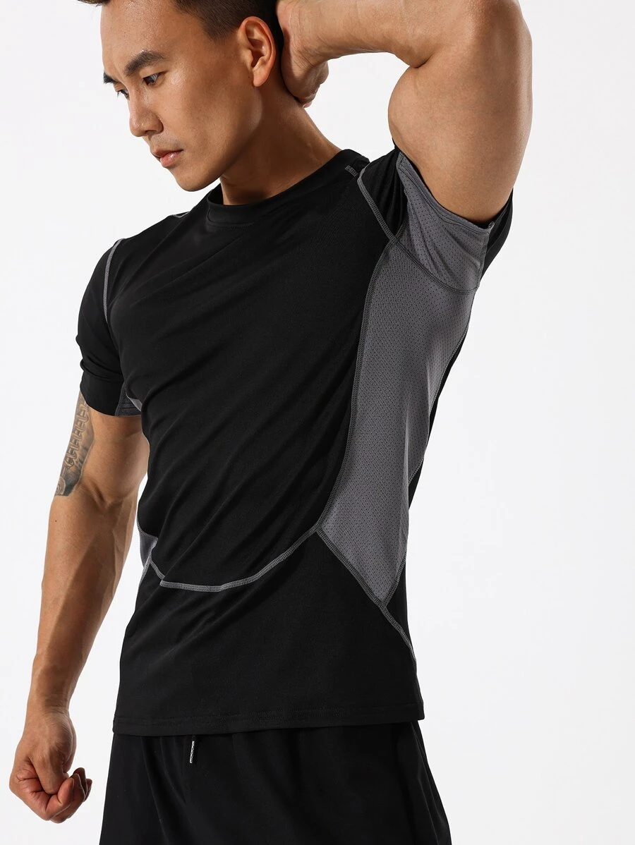 Manfinity Fitness Men Contrast Panel Top-Stitching Raglan Sleeve Sports Tee Workout Tops - Black - View 1