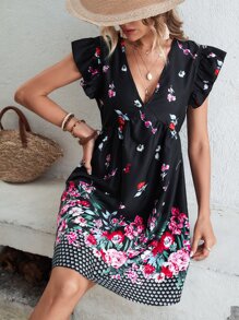 SHEIN VCAY Vestido smock con estampado floral ribete con fruncido