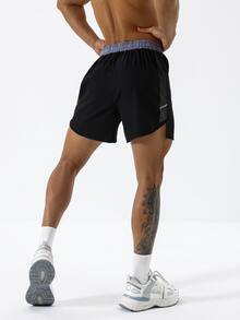 Manfinity Sport Corelite Pantalones cortos deportivos para hombres con estampado geométrico y cintura con cordón, pantalones cortos negros - Negro - Ver 2