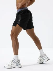 Manfinity Sport Corelite Pantalones cortos deportivos para hombres con estampado geométrico y cintura con cordón, pantalones cortos negros - Negro - Ver 5