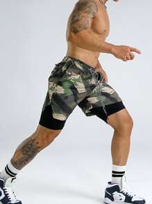 Manfinity Fitness Boyfriend Style Men Camo Print Drawstring Waist 2 In 1 Sports Shorts Gym Shorts Jogger Shorts Camo Shorts Gym Shorts For Men Gym Shorts Running Shorts For Gym Shorts Sweat Pants - Multicolor - View 3