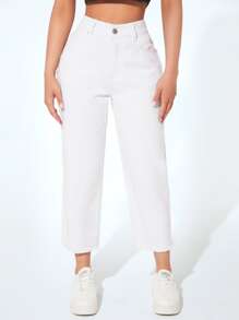 SHEIN PETITE Raw Hem Cropped Jeans - White - View 1