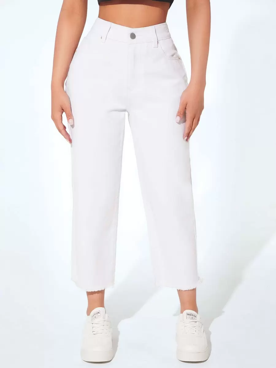 SHEIN PETITE Raw Hem Cropped Jeans - White - View 1