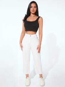 SHEIN PETITE Raw Hem Cropped Jeans - White - View 4