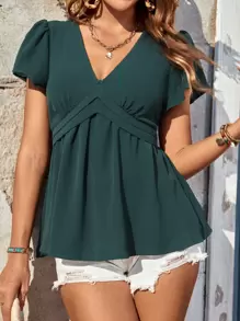 SHEIN Frenchy Solid Butterfly Sleeve Peplum Blouse - Green - View 4