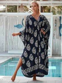 Floral Print Batwing Sleeve Cover Up - Navy Blue - View 3