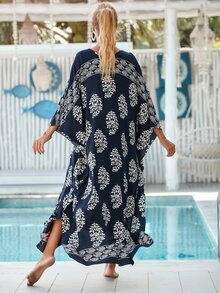 Floral Print Batwing Sleeve Cover Up - Navy Blue - View 2