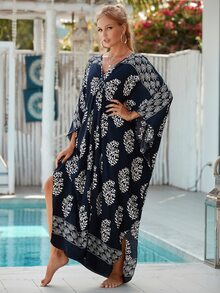 Floral Print Batwing Sleeve Cover Up - Navy Blue - View 4