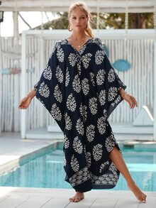 Floral Print Batwing Sleeve Cover Up - Navy Blue - View 5