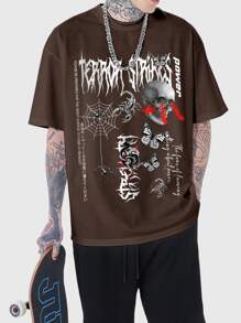 ROMWE MEN Grunge Punk Guys Skull & Letter Graphic Tee - Chocolate Brown - View 5