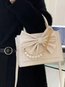 Túi vuông trang trí nơ và ngọc trai giả, ví nơ thời trang cho phụ nữ ngày lễ tình nhân - trắng - Xem 4