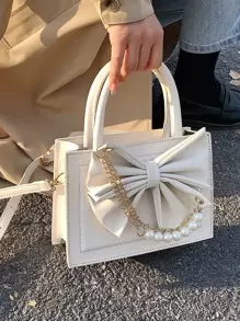 Túi vuông trang trí nơ và ngọc trai giả, ví nơ thời trang cho phụ nữ ngày lễ tình nhân - trắng - Xem 9