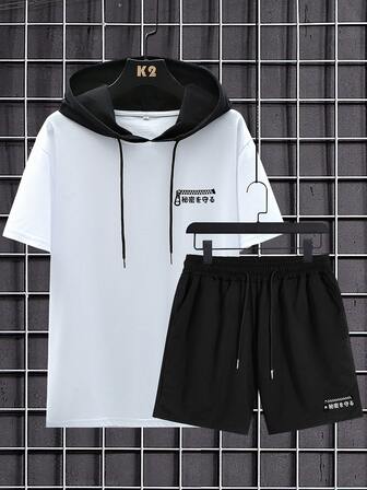 Guys Letter Graphic Drawstring Hooded Tee & Shorts