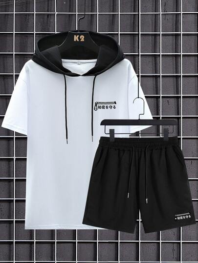 Guys Letter Graphic Drawstring Hooded Tee & Shorts