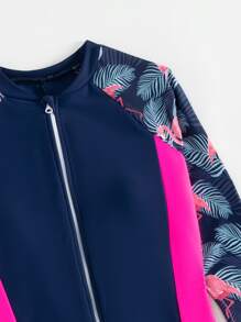 Tween Girl Tropical Print Zipper Front One Piece Swimsuit - Navy Blue - View 3