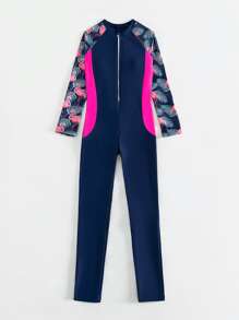 Tween Girl Tropical Print Zipper Front One Piece Swimsuit - Navy Blue - View 5