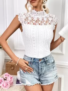 SHEIN Privé Guipure Lace Panel Mock Neck Eyelet Embroidery Tee